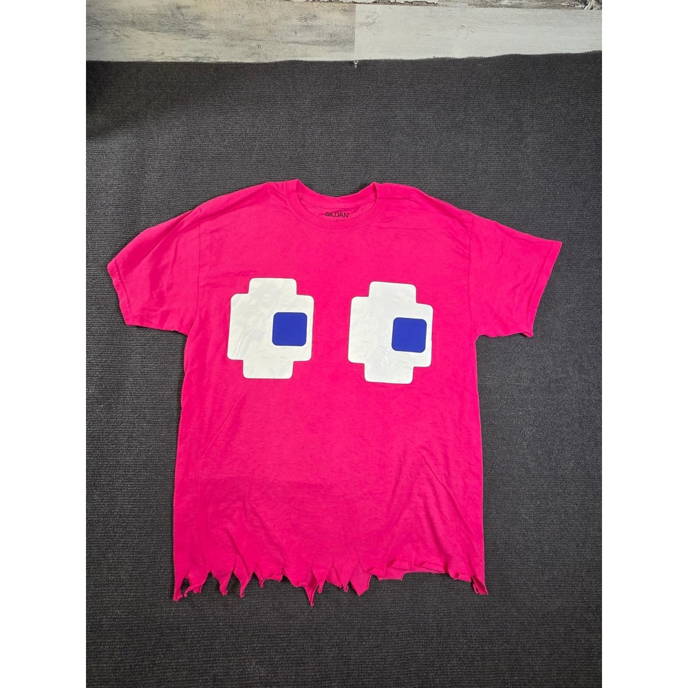 Pac-Man Ghost Graphic Gildan T-Shirt Women Large Pink‎ Distressed Hem